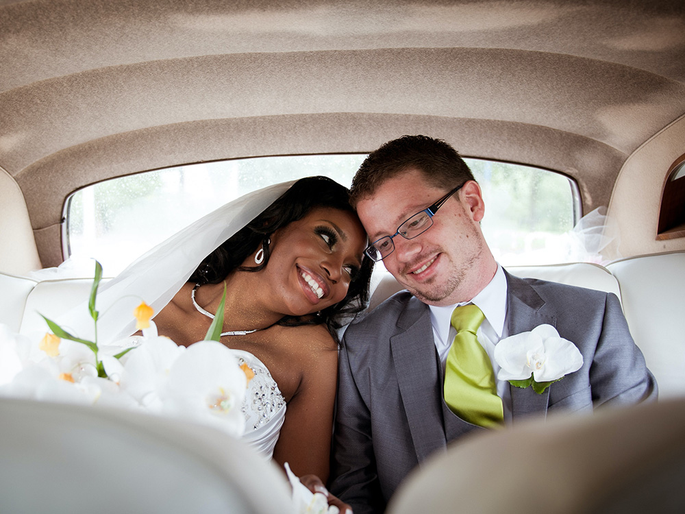 Bride and groom on wedding day.